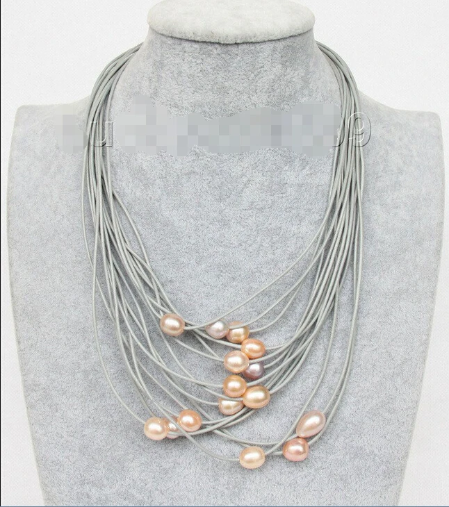

shipping 17"-24" 13mm 15row pink purple pearls gray leather necklace e2367
