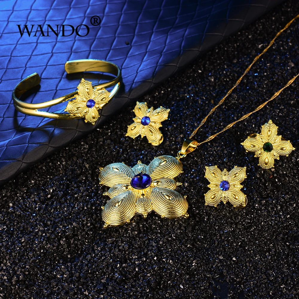 

WANDO Big Ethiopian Gold Color Women Jewelry Sets With Ethiopian Handmade Chain Bangle Earing Ring Necklace Eritrea Items s135