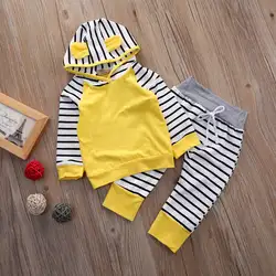 2 предмета, модная одежда для новорожденных мальчиков и девочек, топы в полоску с капюшоном и штаны, комплект одежды