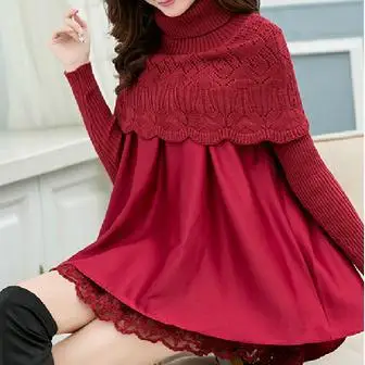 

New Lace woman dresses turtleneck knitted shawl lace basic dress cloak loose princess one-piece dress