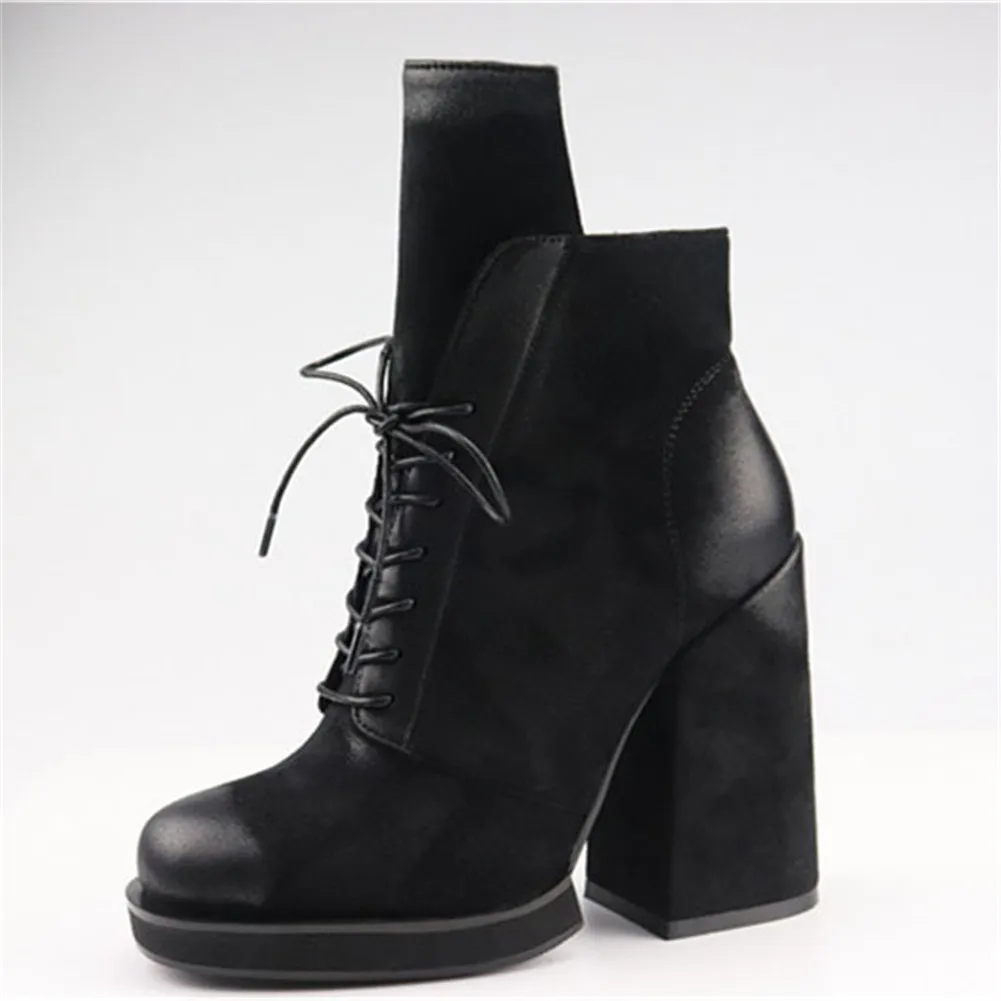 SARAIRIS/брендовые ботинки на молнии с перекрестной шнуровкой; Офисная Женская обувь на не сужающемся книзу высоком массивном каблуке; женские модные черные ботильоны; женская обувь; - Цвет: black Velvet