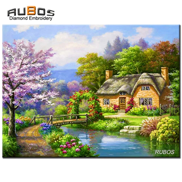 RUBOS Nature Green Village DIY 5D Full Diamond Embroidery Scenery House Diamond Painting Diamond ...