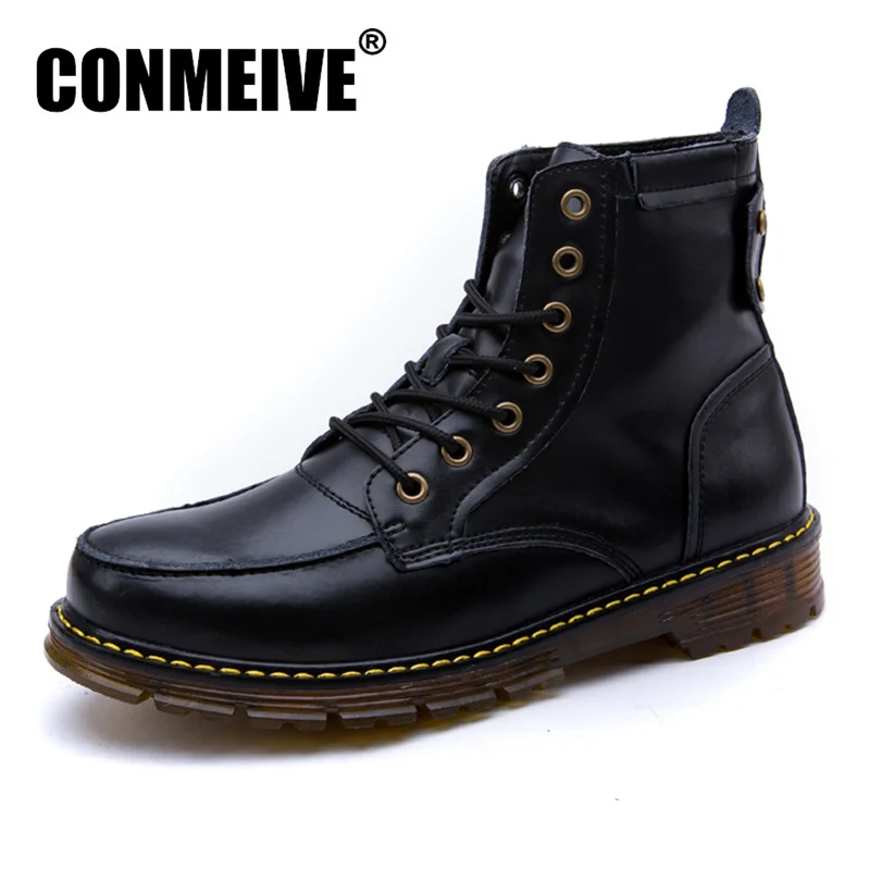 

Winter Boots Men Brand Genuine Leather Lace Up Work Safety Shoes Fashion Man Ankle Motorcycle Boots Mens Bota Masculina