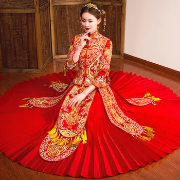 

Female Traditional Qipao High Quality Embroidery Chinese Bride Pleated Dress Gown Classic Gold Tassels Cheongsam Suit Vestidos