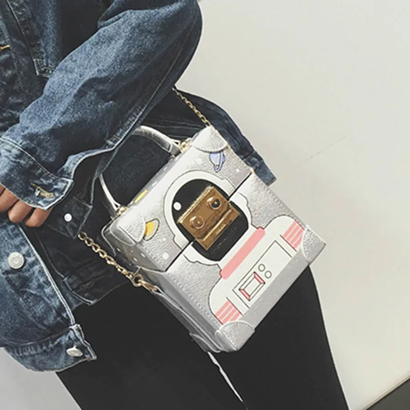 

New Luxury Cute Robot Box Shaped Chain Clutch Bag Funny Party Evening Bag Mini Cell Phone Pouch Messenger Bag