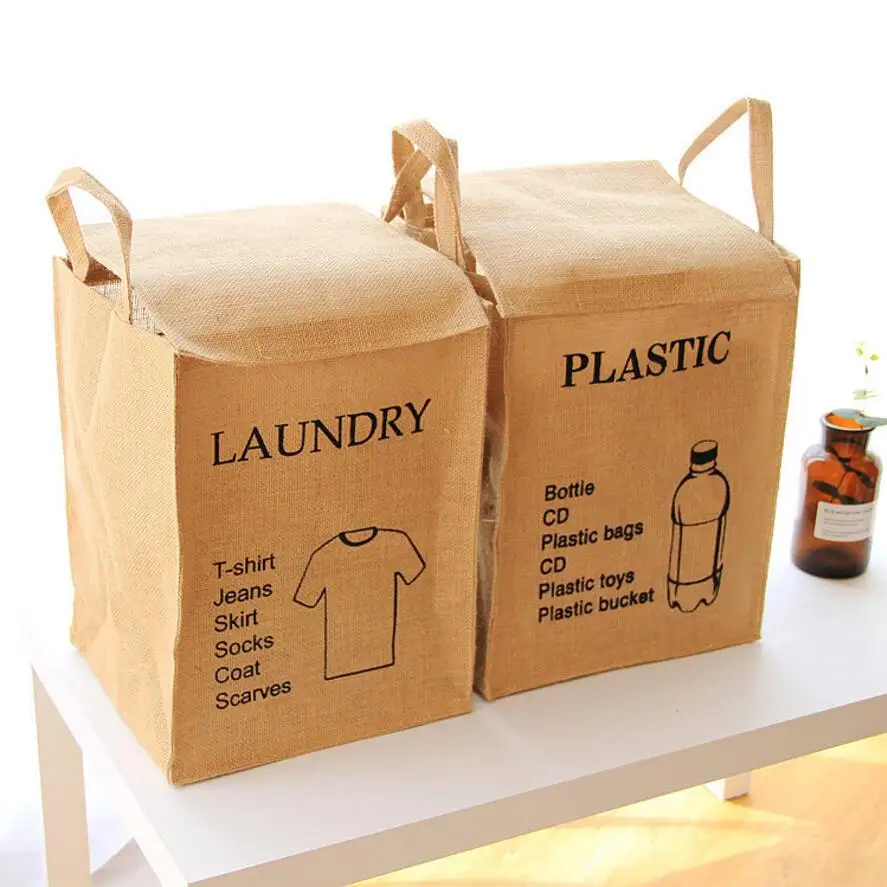 

2018 New Fashion Fabric Living goods storage box Foldable natural Jute Linen Washing Clothes Laundry Basket Bag Hamper Storage