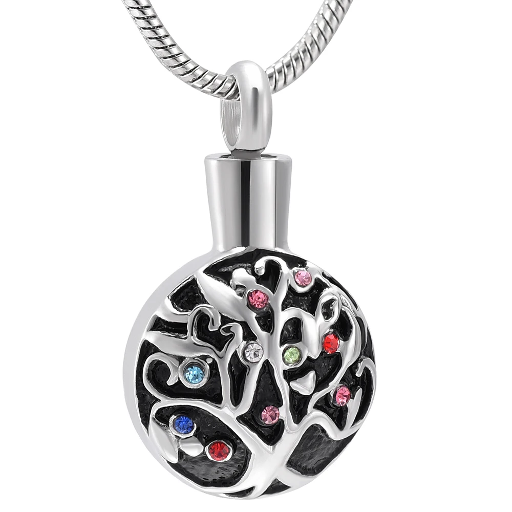 IJD1025 Tree of Life Crystal Round Stainless Steel Cremation Pendant