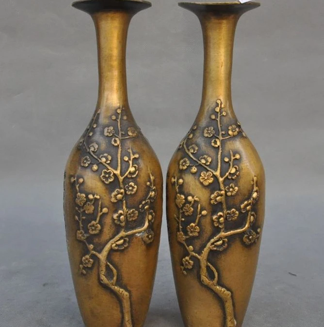 

9" Marked Old Chinese Bronze Plum Flower Ancient poetry Bottle Jar Pot Vase Pair