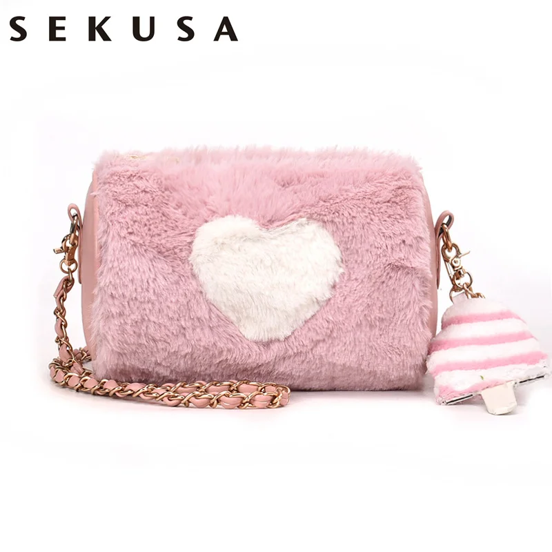 

SEKUSA Winter Faux Fur Women Evening Clutches Purse Soft Causal Heart Rabbit Fur Wedding Bridal Purse