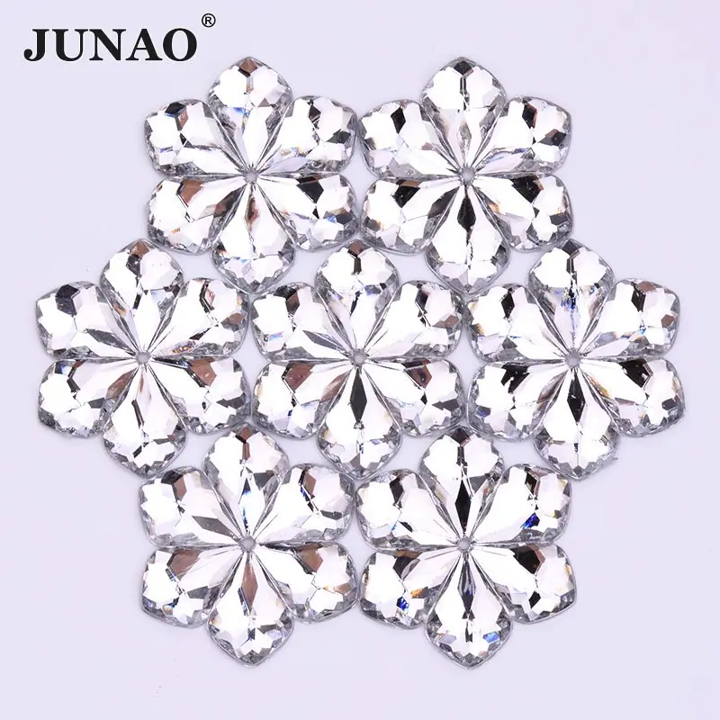 

JUNAO 28mm Sewing Clear White Flowers Rhinestones Big Crystal Appliques Flatback Acrylic Stones Sew On Diamond Strass For Crafts