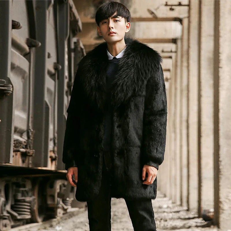 

FURSARCAR Black Fashion Natural Rex Rabbit Fur Jacket With Fox Fur Collar For Men Winter Fur Coat Thick Warm Coats 2018