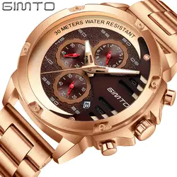 Gimto новый лучший бренд класса люкс кварцевые часы Для мужчин Творческий Золото Нержавеющая сталь Водонепроницаемый хронографа часы Relógio