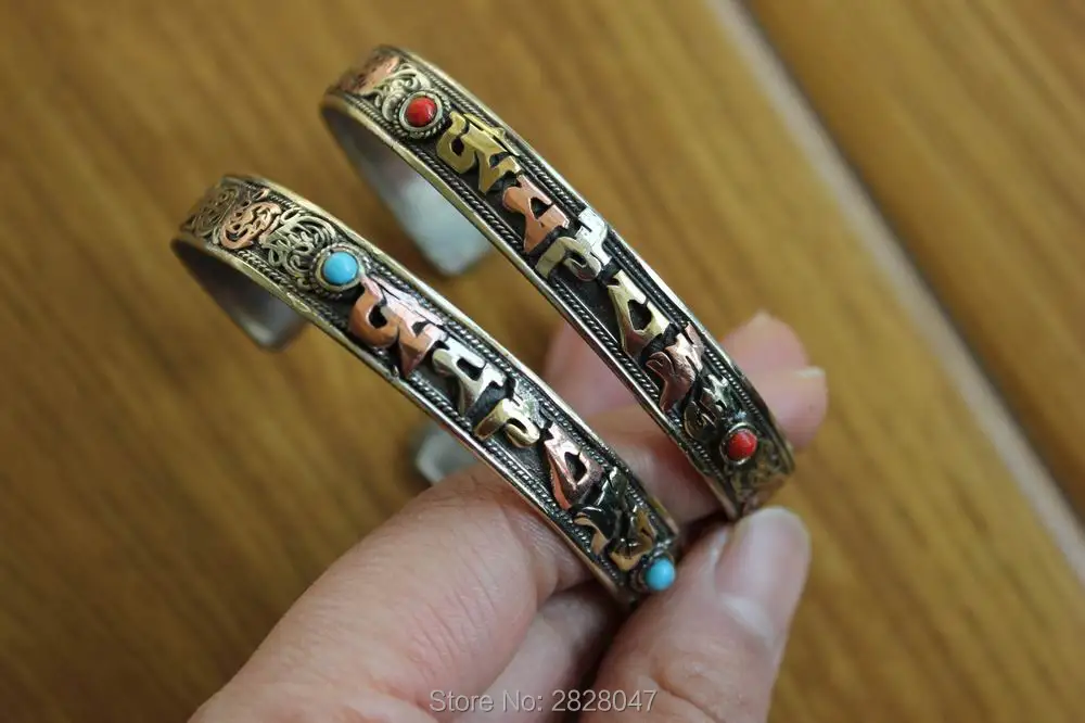 

BR423 Tibetan 3 Metal Copper Brass 6 words mantran Om Mani Padme Hum Bangle Nepal Handmade Open Back Adjustable Bracelet Cuff