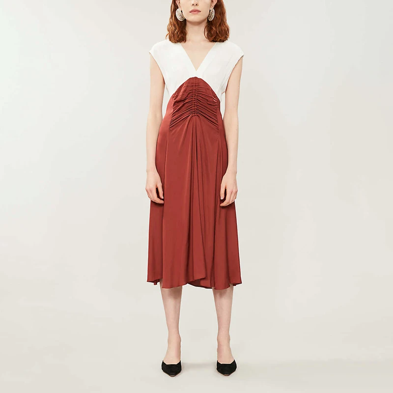 

Elfwish Woman Contrast Color Front Creased Waist V-neck Midi dress Sleeveless Elegant DRESS