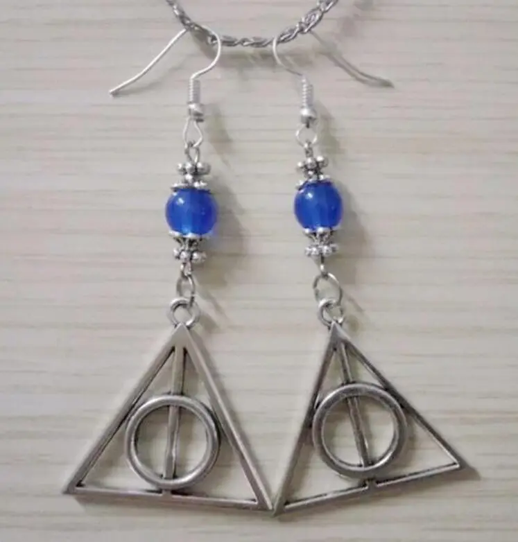 

Multicolor beads Ancient Silver Triangle Death mark Deathly Hallows Charm Drape Earrings For Woman Fashion Jewelry Gift