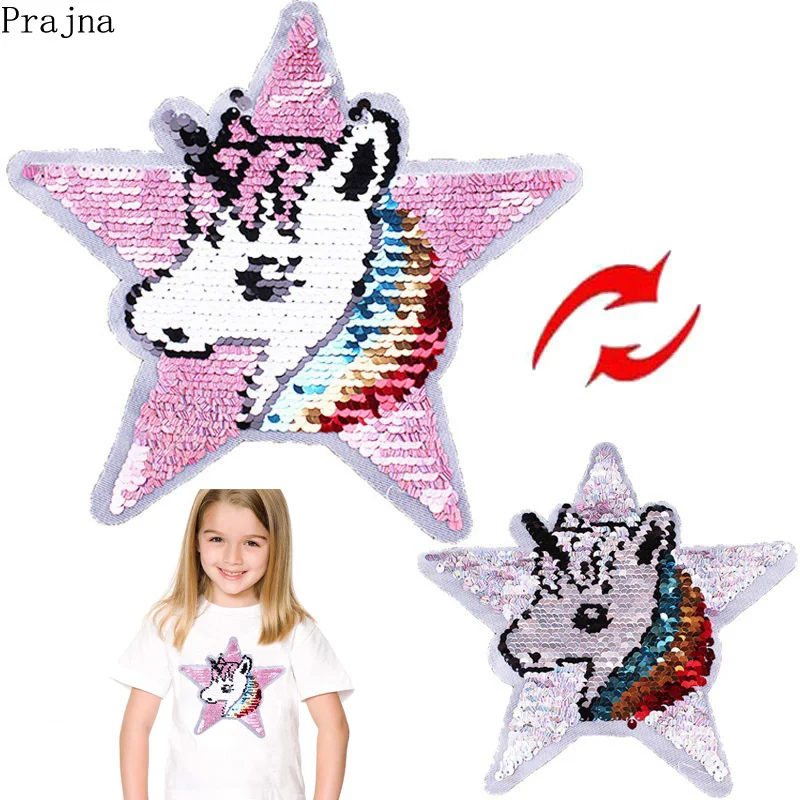 

Prajna Embroidered Glitter Star Rainbow Unicorn Patch Reversible Horse Sequin Patch Sew On Tshirt Patch For Clothes Kids Fabric