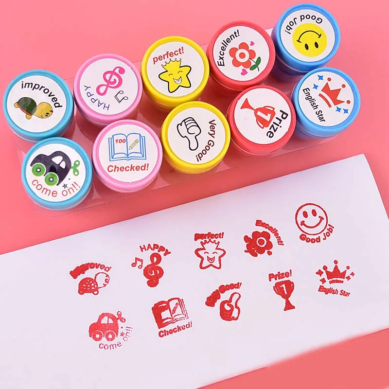 Cartoon Round Stamp Toys for Children 12pcs DIY Handmade Craft Students Stamps Toys Book Decro Teacher Seal Kids Art Toys