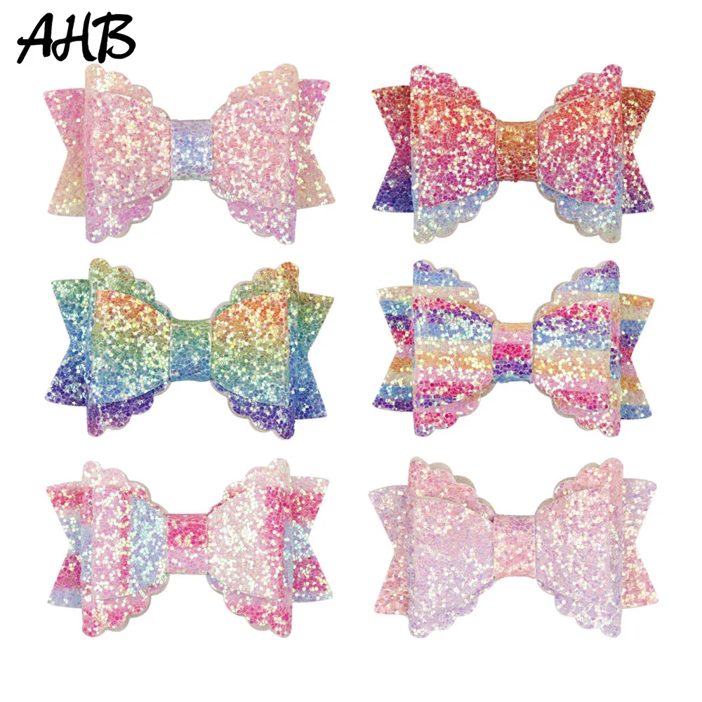 

AHB 3" Mermaid Color Glitter Hair Clips Hair Bows for Girls Handmade Rainbow Barrettes Kids Hairpins Hairgrips Hair Accessories