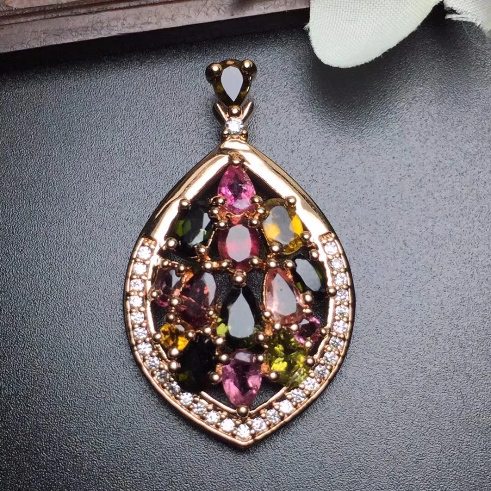 

Fine Jewelry Real 925 Steling Silver s925 Love 100% Natural Tourmaline Gemstone Leaf Female Pendant Necklaces Christmas Gift