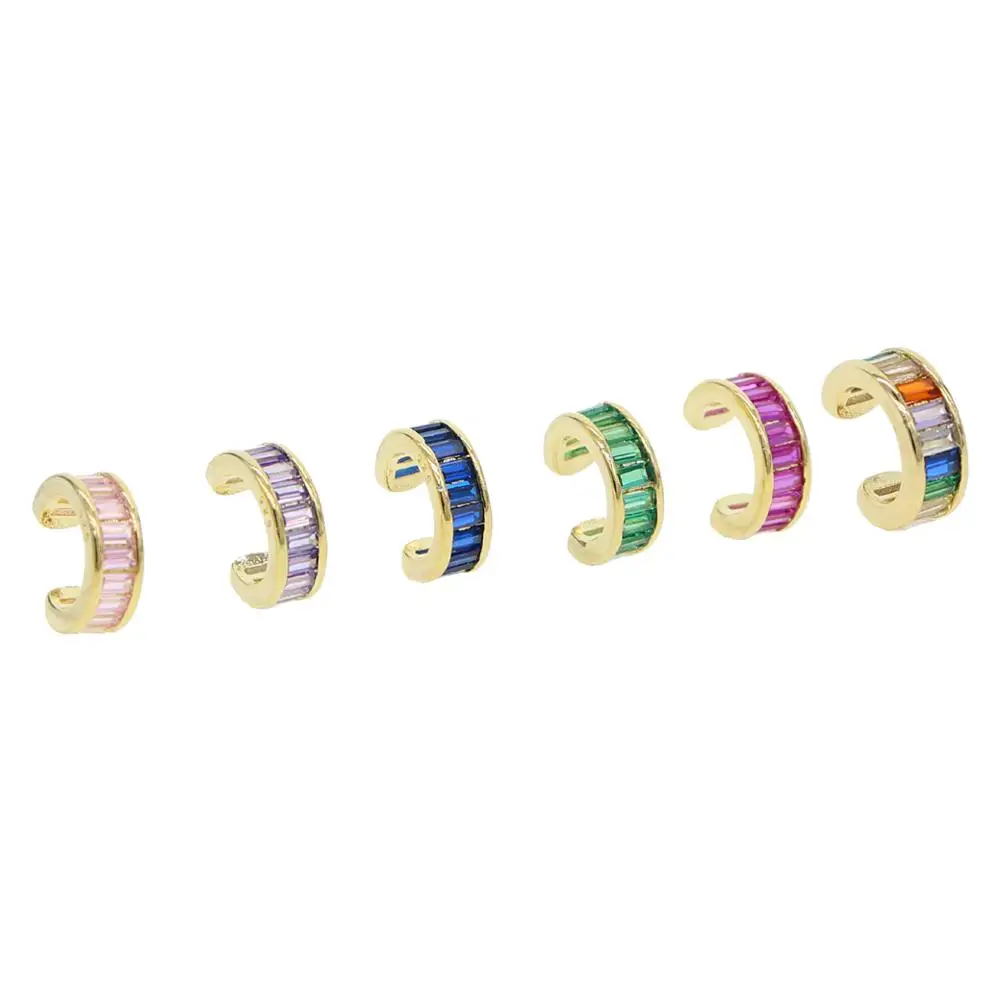 

Multi color ear cuff 1 piece no piercing clip on earring bezel baguette pastel rainbow cz circle ear cuff earrings for women