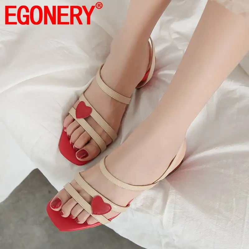 

EGONERY woman sandals genuine leather heart shaped decorative fashion summer beige red 4.5cm mid heels roman shoes