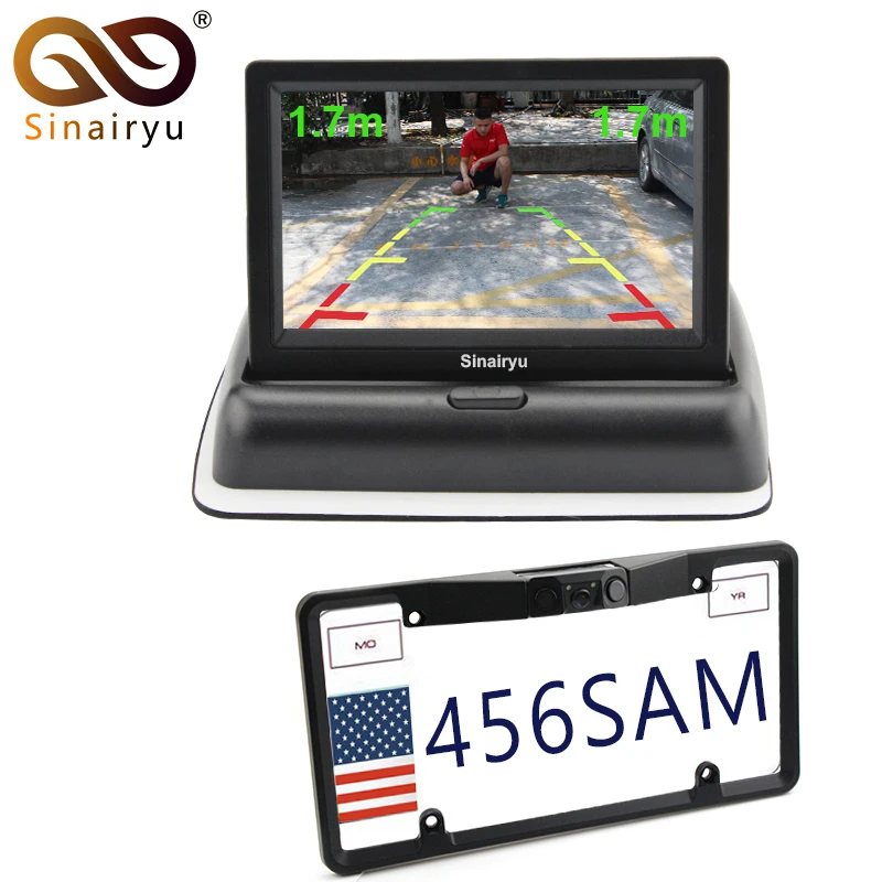

Sinairyu 3in1 4.3 Inch Foldable Car Monitor Camera + America USA License Plate Frame Auto Reversing camera With 2 Parking Sensor