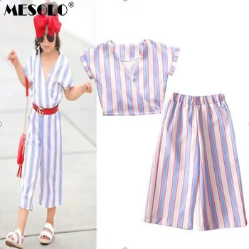 

MESOLO Children's Wear 2019 Summer New Ins Girls Vertical Stripe Set V-neck Tops Nine-point Wide Leg Pants Two-piece Set