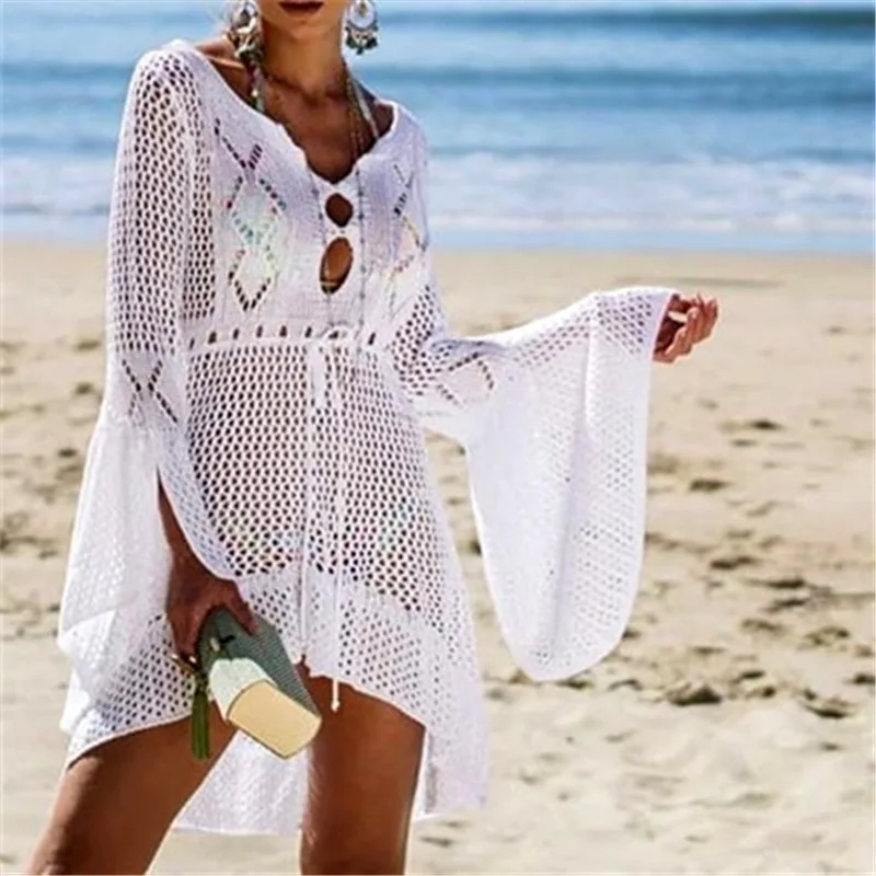 

White Knitted Beach Cover up Dresses Pareo de Plage Swimsuit cover Up Beach wear Pareos de Playa Mujer Bikini Cover up