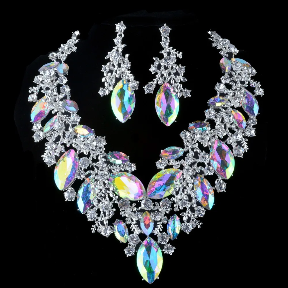 luxurious crystal AB jewelry sets bride wedding necklace earrings women bridal party silver plated jewelry accessories luxurious crystal AB jewelry sets bride wedding necklace earrings women bridal party silver plated jewelry accessories