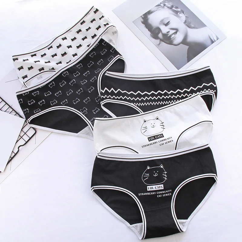 

Women's Panties Cotton Black White Style Casual Underwear Sexy Girls Print Underpants Lingerie Stripe Female Briefs Ladies Panty