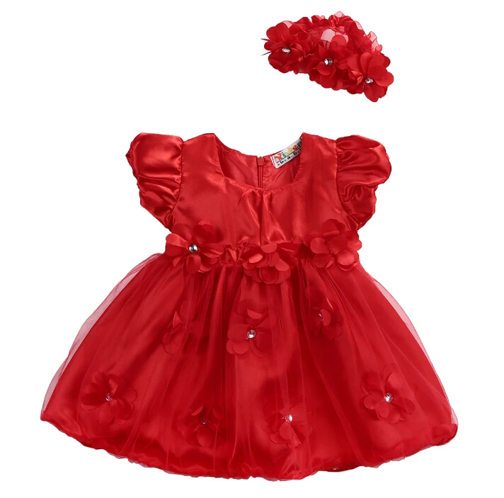 Модные платья для маленьких девочек; бальное платье с рукавами и цветочным рисунком; красное платье для малышей; повязка на голову; повседневная одежда; Новинка; 0-18 месяцев - Цвет: Красный