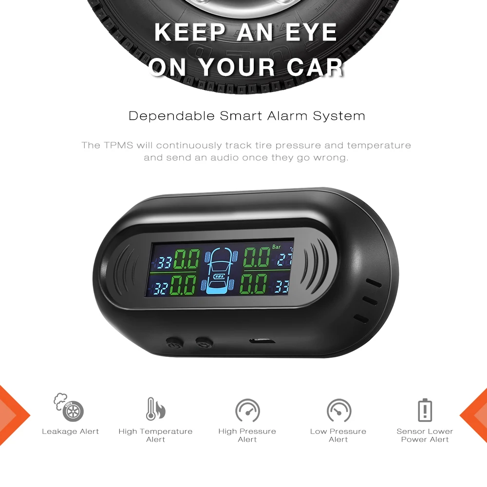 ZEEPIN G50 Solar Powered TPMS Car Tire Pressure Monitor System 4 External Sensors