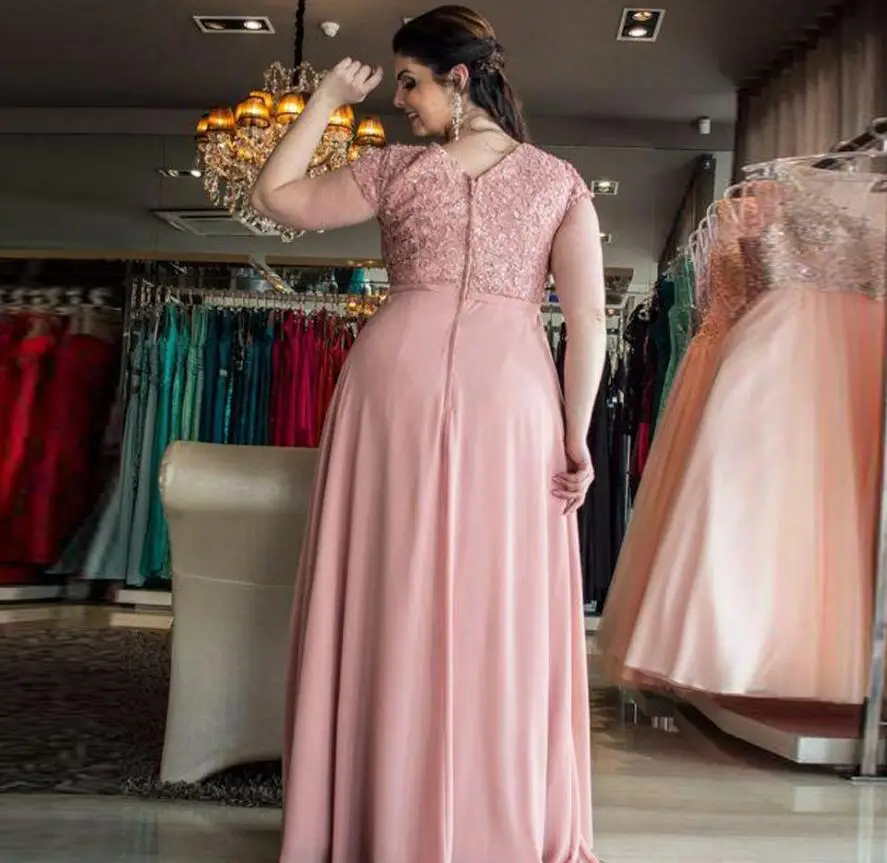 Blush Pink A Line Floor Length Mother of the Bridal Dresses Scoop Neck Appliques Beads Wedding Guest Dress Plus Size Mothers Clothes 1