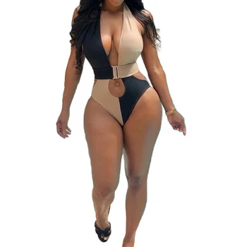 

Backless Halter Color Patchwork Solid Bodysuits Deep V Hollow Out Sashes Summer Women Sleeveless Swimwear Club Playsuits