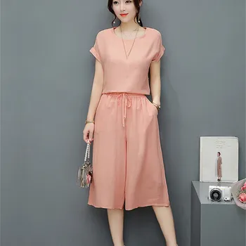

Plus Size Cotton Linen Set Two Piece Set Women Short Sleeve Tops Wide Leg Pants Large Size Suits Bow Casual Loose Outfits