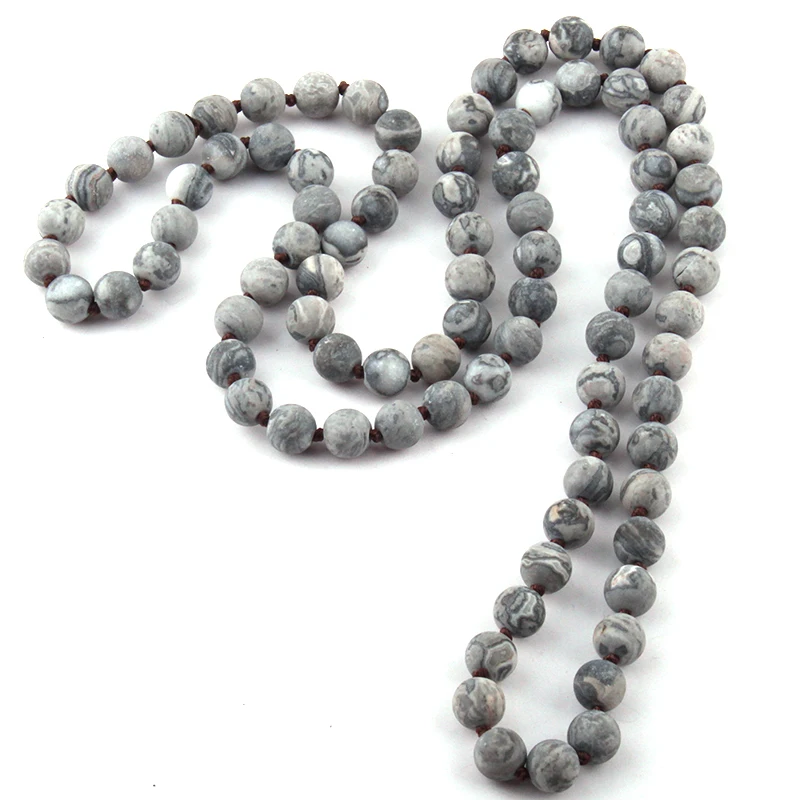 Модные ювелирные изделия матовые оникс полудрагоценные камни бисер длинное ожерелье с узелками