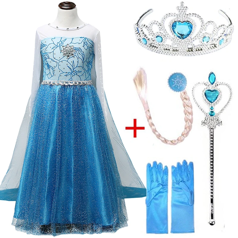Платье Эльзы; костюм для костюмированной вечеринки; платья для девочек; Снежная королева; Принцесса; аксессуары для волос; вечерние платья; fantasia vestidos; Одежда для девочек - Цвет: D002 set navy blue
