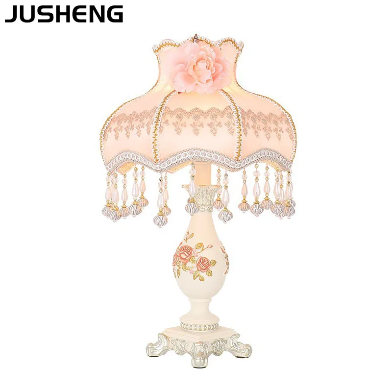 

JUSHENG American Luxury Fabric Table Lamp for Bedroom as Bedside Lights with Plug in Power Cord