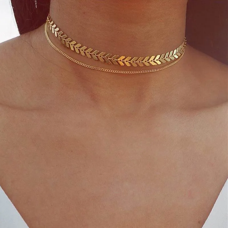 

JEAE Fashion Gold Silver Color Chain Kolye Necklace For Women 2018 Charm Multiple layers Fishbone Chain Choker Necklace Jewelry