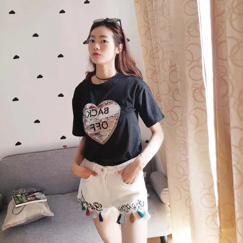 Harajuku женские короткие feminino джинсы с завышенной талией бисером Шорты Большие