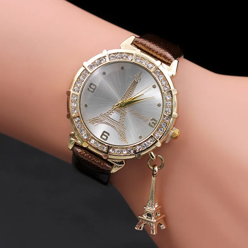 Montre femme reloj mujer женские кварцевые часы Эйфелева башня Стразы с подвеской наручные часы женские часы relogio feminino - Цвет: Coffe