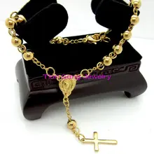Hot Selling Silver Gold 316L Stainless Steel Rosary Beads Cross Charm Chain Bracelet Fashion Mens Womens