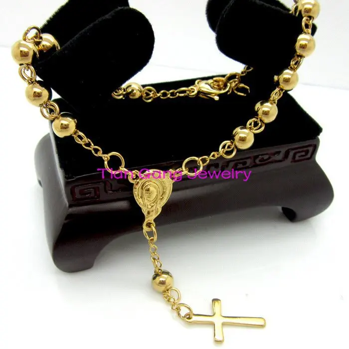 Hot Selling Silver font b Gold b font 316L Stainless Steel Rosary Beads Cross Charm Chain