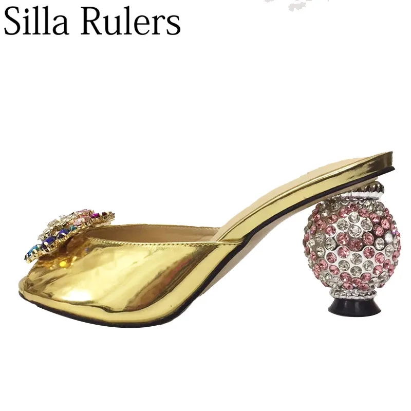 

Luxurious crystal gold genuine leather slippers women rhinestone ball heels summers mules woman peep toe zapatos mujer 2019