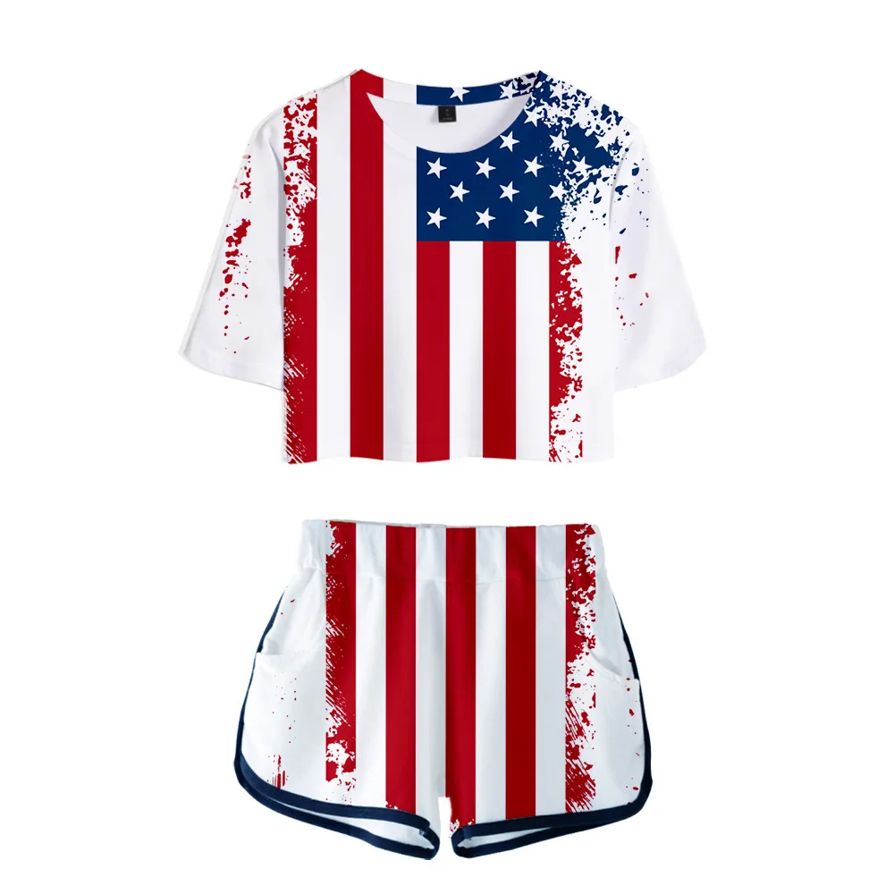 

American Independence Day Women Outfits Two Piece Set Women Outfit 3D T-Shirt Women's Suit Shorts Summer Top Ensemble Femme