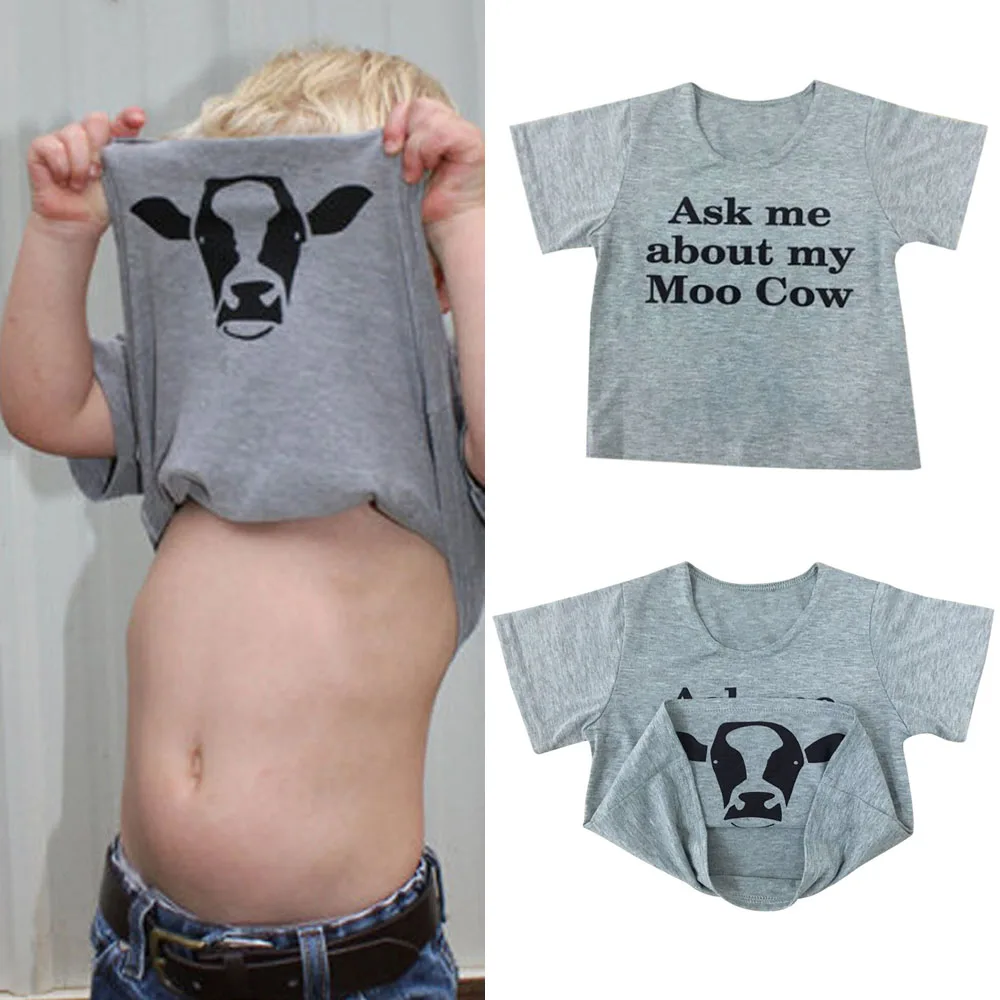 

2018 Boys T-shirt Novelty Ask me about My Moo Cow Letter Funny Kid Boy Short Sleeves Toddler Tops Tees Inside Children Clothes