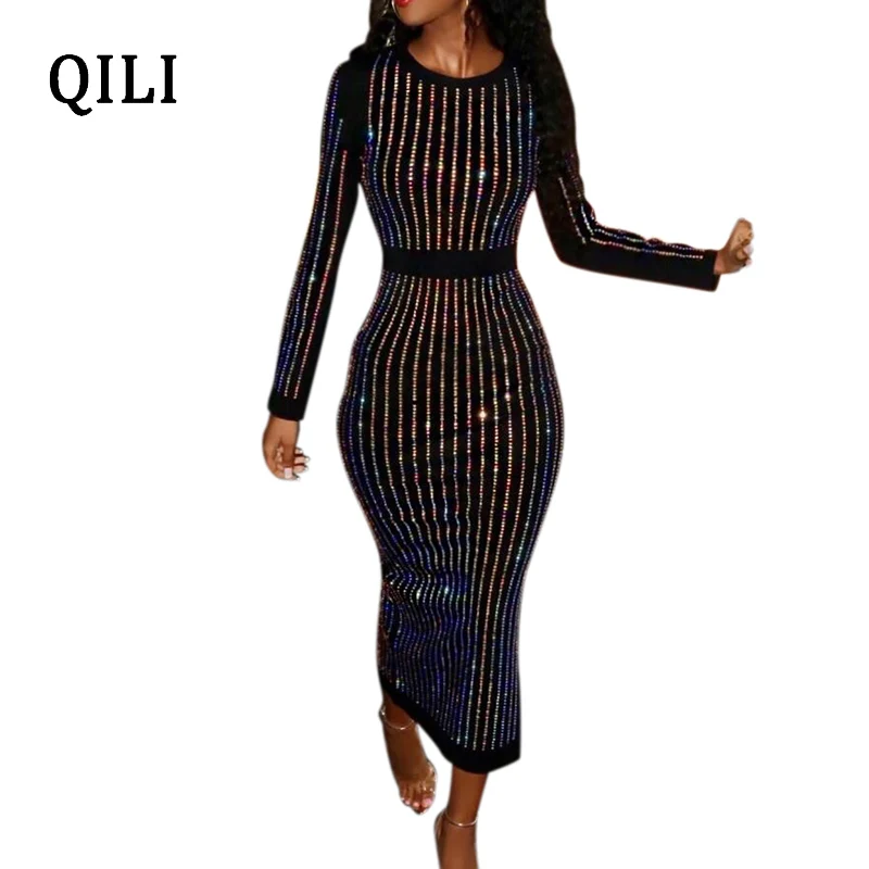 QILI-Women's Striped Diamonds Rhinestone Dress, O-Neck, Long Sleeve, Slim Waist, Pencil Dresses, Elegant Lady Casual Wear, new silver gold metal belt double ring imitate rhinestone lady waist belt dress suits elastic thin slim women belts waistband