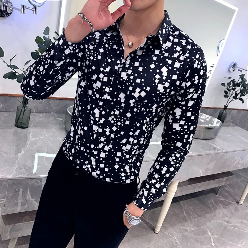 Nueva camisa de moda para hombre cuadros impresos de manga larga camisas hombre negro blanco blusas hombre vestido esmoquin Slim Fit masculina - AliExpress Ropa de hombre