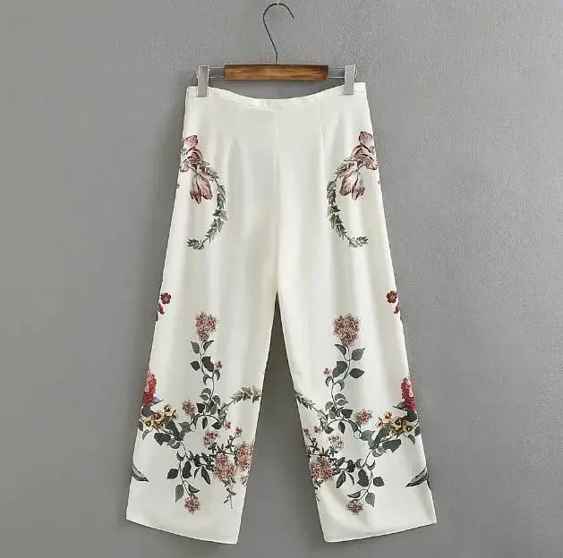 Женские весенне-летние европейские модные белые длинные штаны с цветочным принтом, женские широкие брюки на молнии TB759