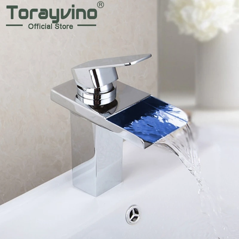 

Torayvino Torneira Led.LED Light Waterfall Basin Faucet for Bathroom.Chrome Finished Colorful Deck Mounted Sink Mixer Tap
